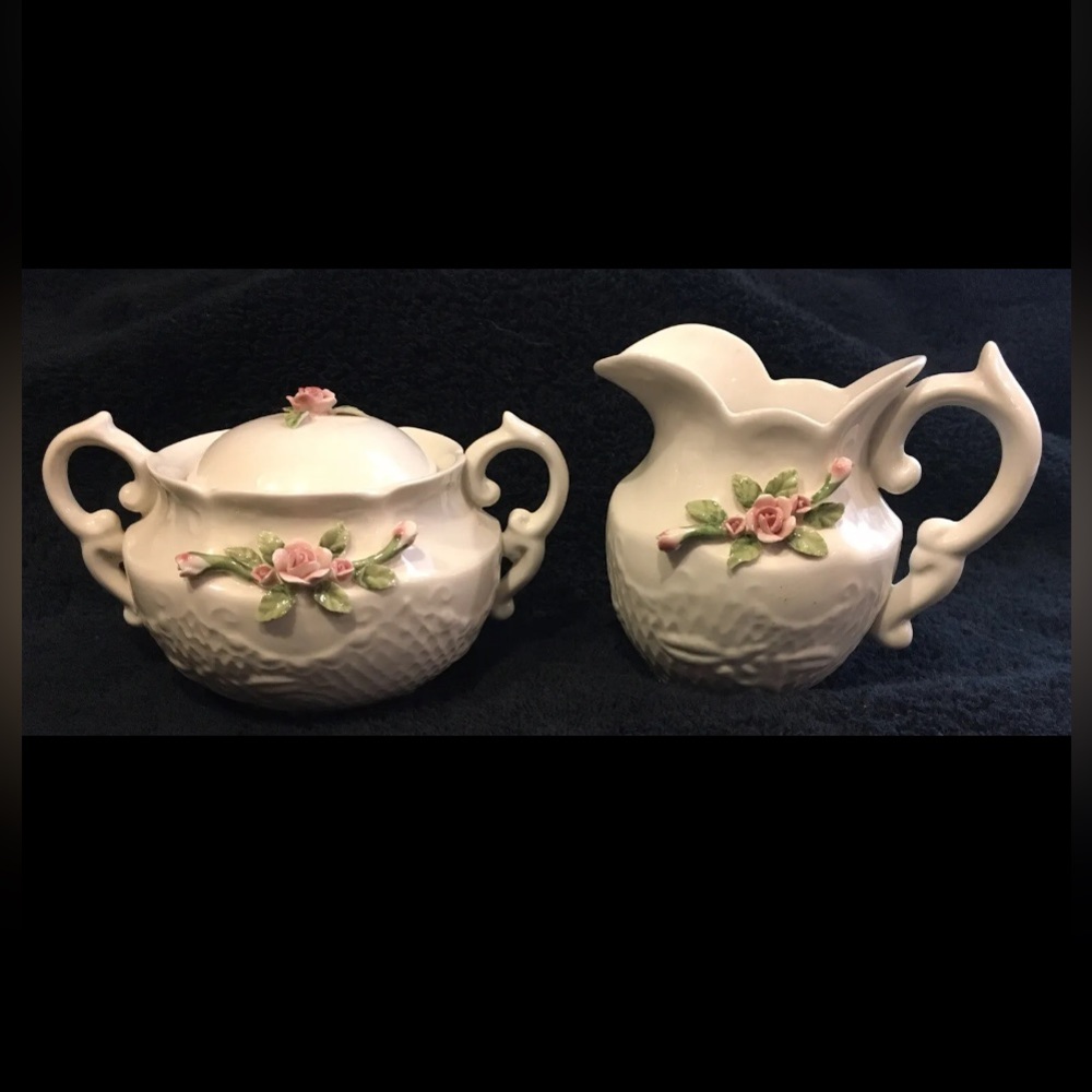 Katherine’s Collection Porcelain Creamer & Sugar Set/Applied Rose Design